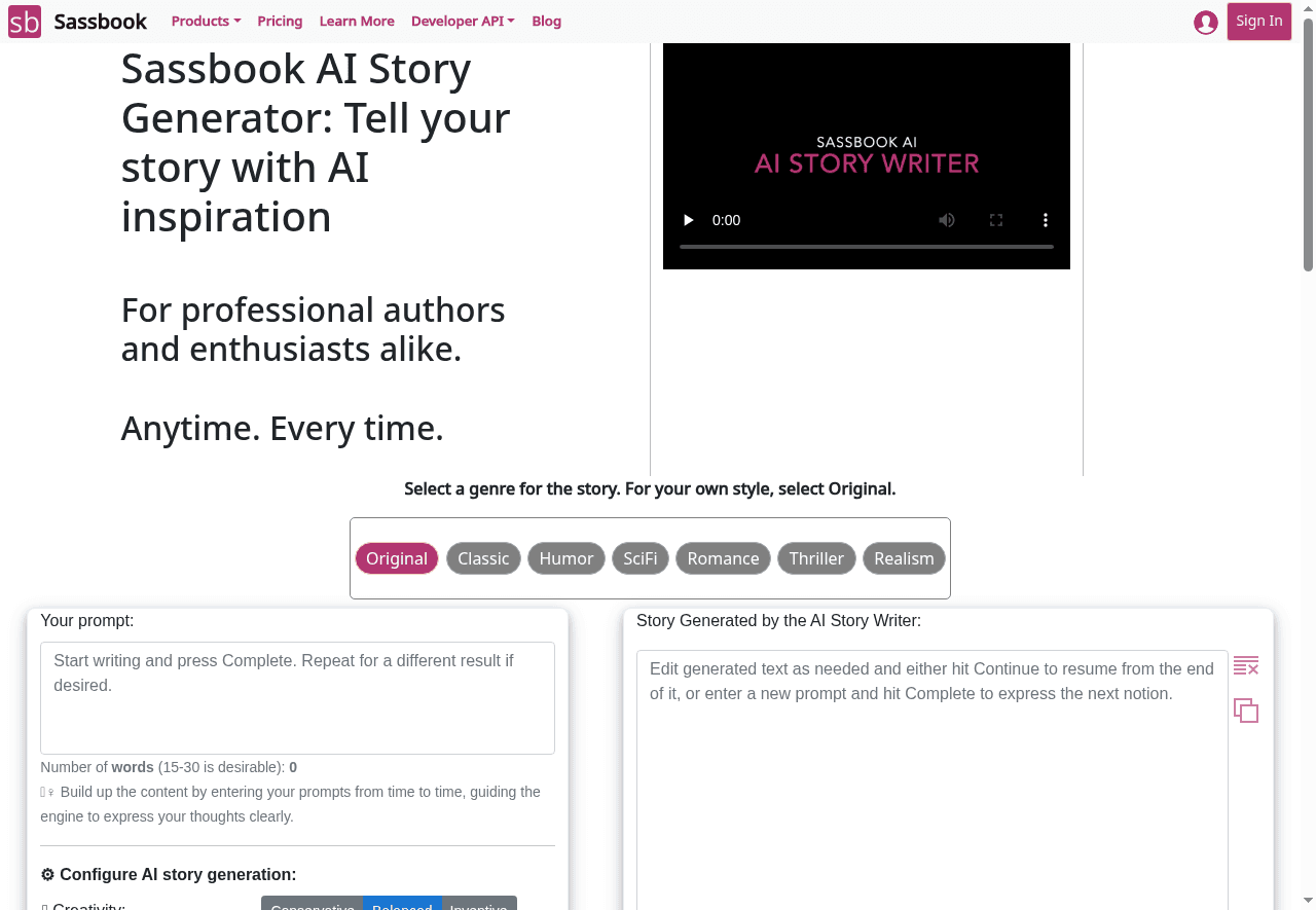 Sassbook AI Story generator